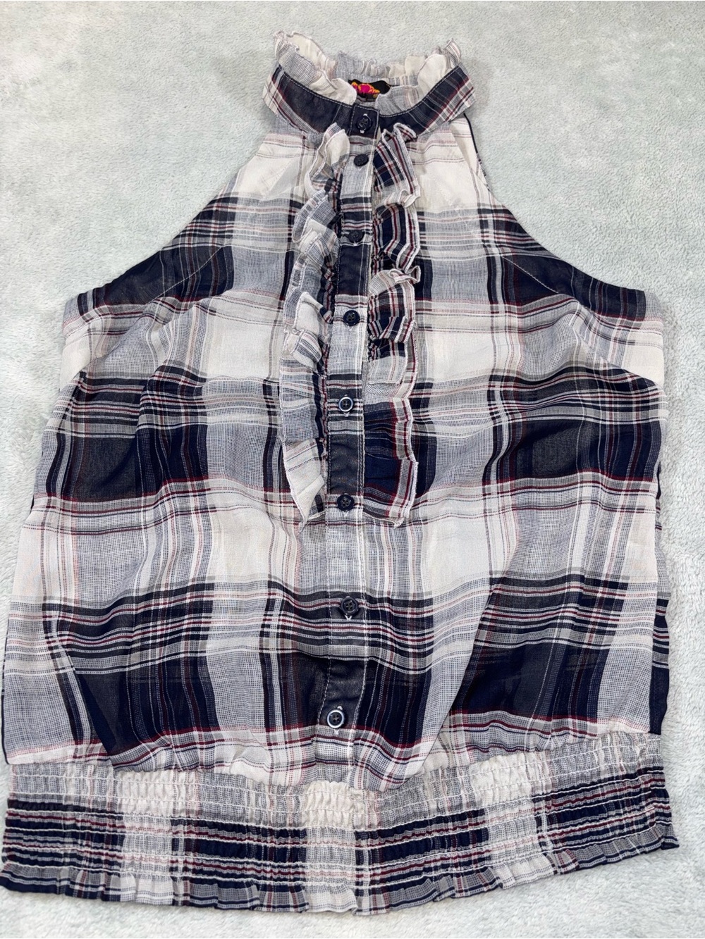 Forever 21 Plaid Halter Blouse with Ruffle Trim & Smocked Hem - Small